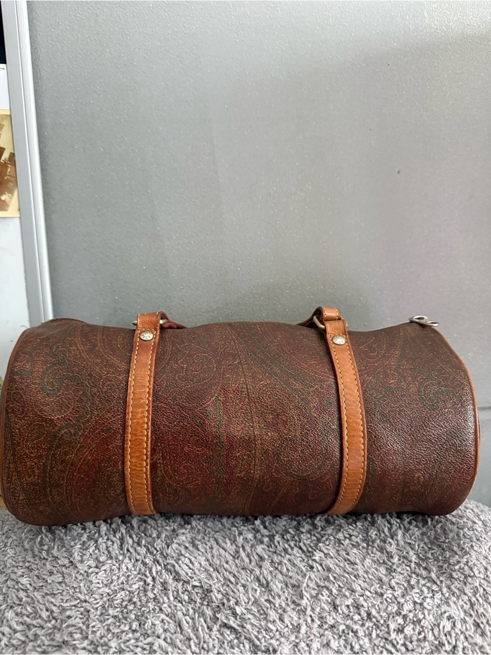 Etro Brown Paisley Barrel Shoulder Bag with Tan Leather Straps